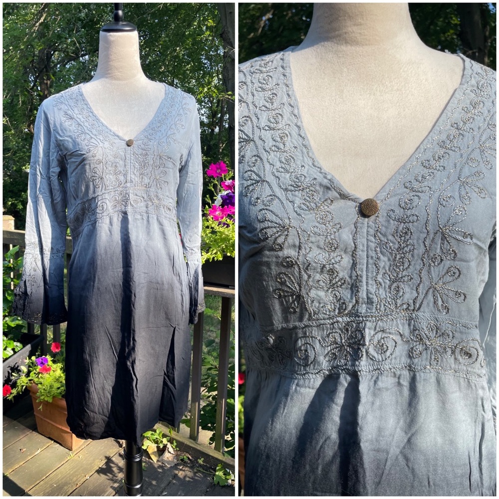 Cejon Bronze Gold Embroidered Boho Bell Sleeve Ombré Dress Sz Large